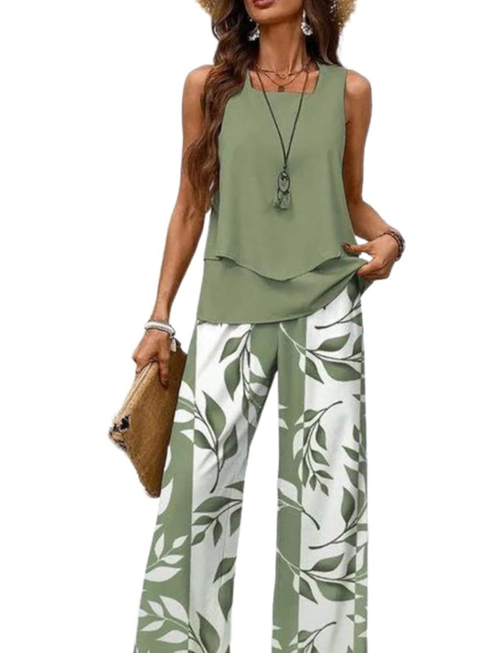 NWOT Olive Green Layered Tank & Leaf Print Wide-Leg Jumpsuit Set